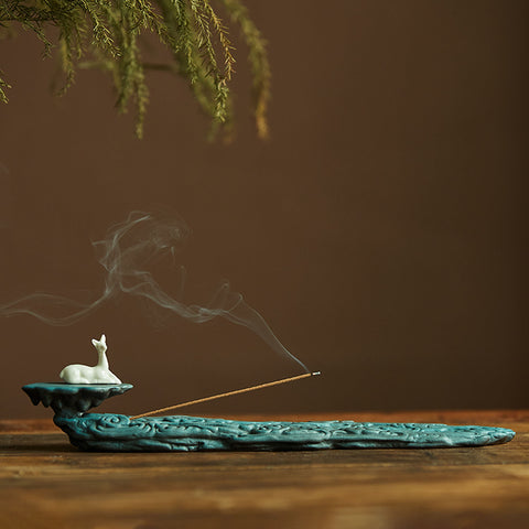 Hand Crafted Green Cloud with White Deer Ceramic Incense Holder - theTeaCloud