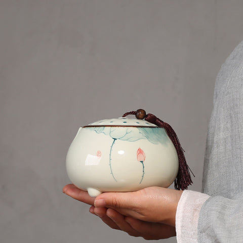 Hand Painted Lotus Graphic Ceramic Tea/Snack Canister - theTeaCloud
