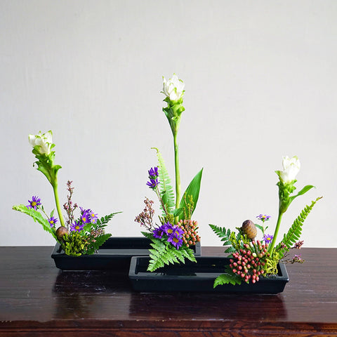 Rectangular Ceramic Ikebana Vase/Japanese Flower Arrangement/Large Kenzan Flower Frog Included, Black and White Color