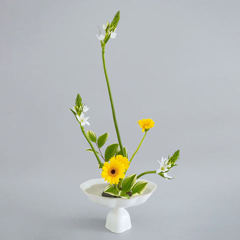 Ceramic High Stem Ikebana Vase with Gold Rim, Japanese Style