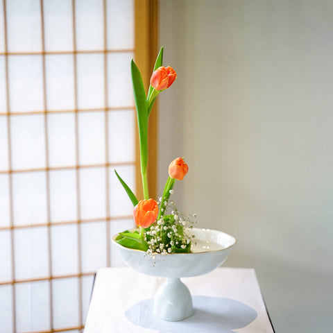 Ceramic High Stem Ikebana Vase with Gold Rim, Japanese Style