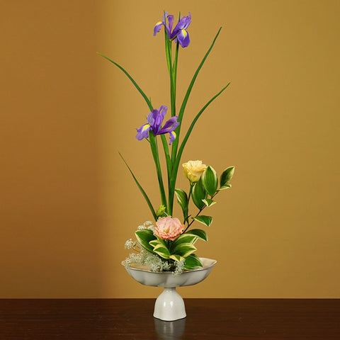 Ceramic High Stem Ikebana Vase with Gold Rim, Japanese Style - theTeaCloud