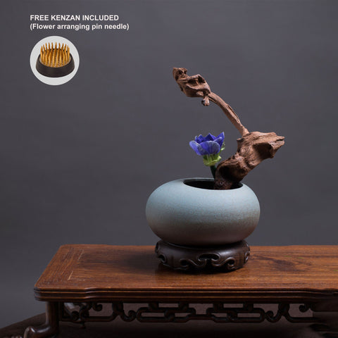 Handmade Ikebana Vase in Round Shape, Japanese Style, Kenzan Flower Frog Included - theTeaCloud