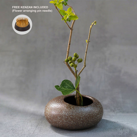 Handmade Ikebana Vase in Round Shape, Japanese Style, Kenzan Flower Frog Included - theTeaCloud