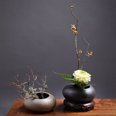 Handmade Ikebana Vase in Round Shape, Japanese Style, Kenzan Flower Frog Included