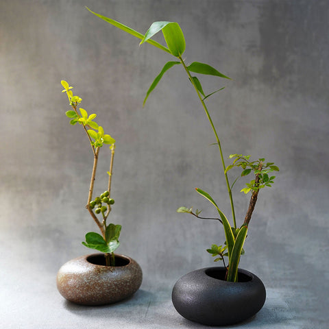 Handmade Ikebana Vase in Round Shape, Japanese Style, Kenzan Flower Frog Included - theTeaCloud