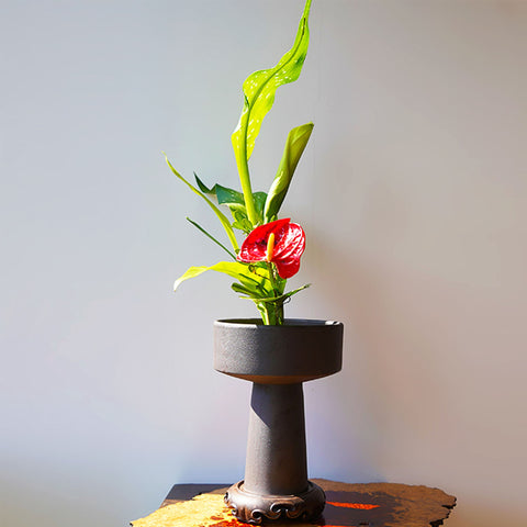 Handmade High Stem Ceramic Ikebana Vase/ Snack Plate in Matte Black, Kenzan Flower Frog Included - theTeaCloud