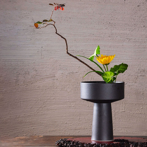 Handmade High Stem Ceramic Ikebana Vase/ Snack Plate in Matte Black, Kenzan Flower Frog Included