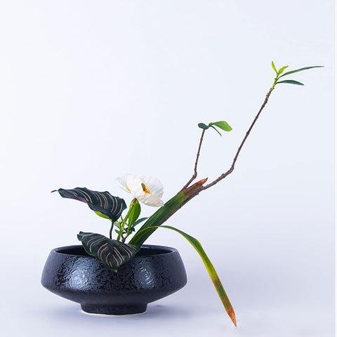 Handmade Ink Speckled Black Ceramic Ikebana Bowl Vase/Japanese Flower Arrangement/Kenzan Flower Frog Included - theTeaCloud