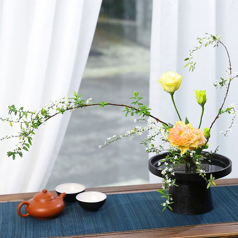 Ceramic Ikebana Vase/Ink Pattern Traditional Japanese Flower Arrangement/Snack Plate/Kenzan Flower Frog Included - theTeaCloud