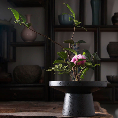 Ink Pattern Traditional Ceramic Ikebana Vase/Kenzan Flower Frog Included