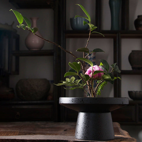 Ink Pattern Traditional Ceramic Ikebana Vase/Kenzan Flower Frog Included - theTeaCloud