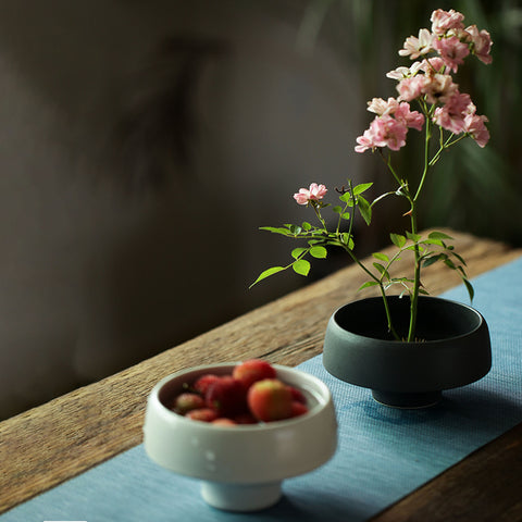 Handmade Ceramic Ikebana Vase/ Snack Plate in White and Matte Black/Kenzan Flower Frog Included - theTeaCloud