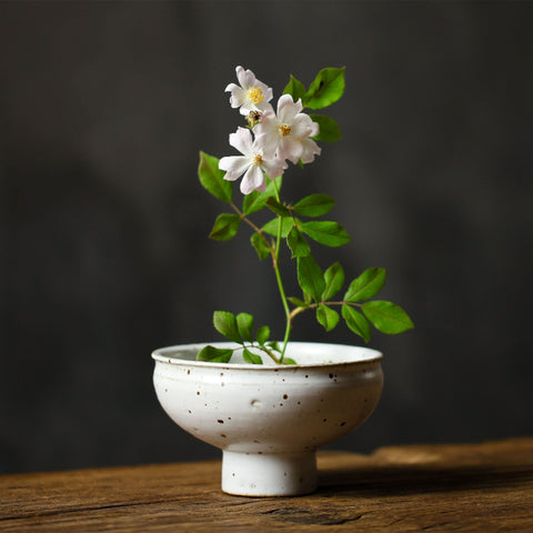 Handmade Ceramic Ikebana Vase/ Snack Plate in White and Black/Kenzan Flower Frog Included - theTeaCloud