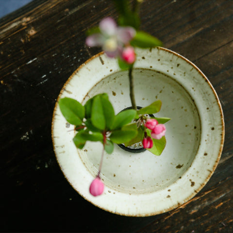 Handmade Ceramic Ikebana Vase in Speckled White and Dark Grey, Kenzan Flower Frog Included