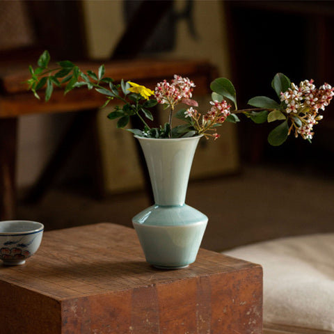 Ceramic Ikebana Vase in Traditional Oriental Style, Green and White Color