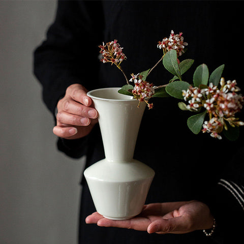 Ceramic Ikebana Vase in Traditional Oriental Style, Green and White Color