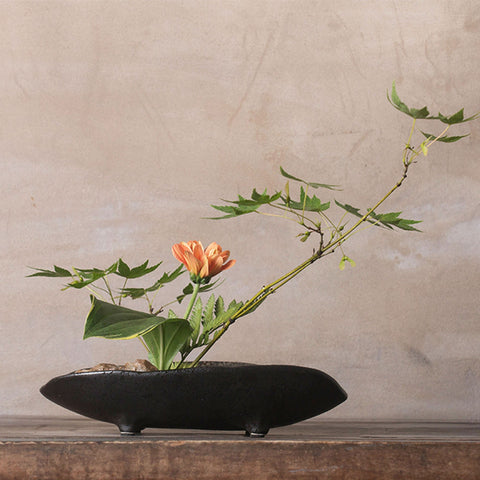 Handmade Boat Shape Ceramic Ikebana Vase/Japanese Flower Arrangement/Kenzan Flower Frog Included - theTeaCloud