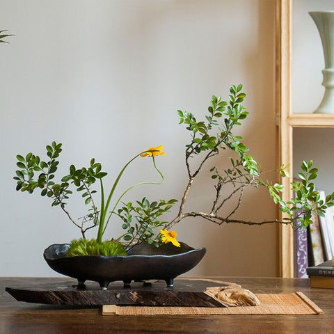 Handmade Boat Shape Ceramic Ikebana Vase/Japanese Flower Arrangement/Kenzan Flower Frog Included