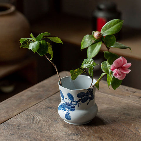Hand painted Blue and White Vase Raw Ceramic, Ikebana Vase - theTeaCloud