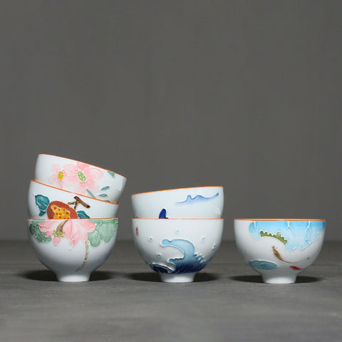 Handmade Flower Relief Carving Ceramic Teacup, Espresso Cup, Sake Cup Sets, Set of 6 with Gift Package - theTeaCloud