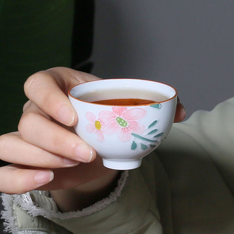 Handmade Flower Relief Carving Ceramic Teacup, Espresso Cup, Sake Cup Sets, Set of 6 with Gift Package