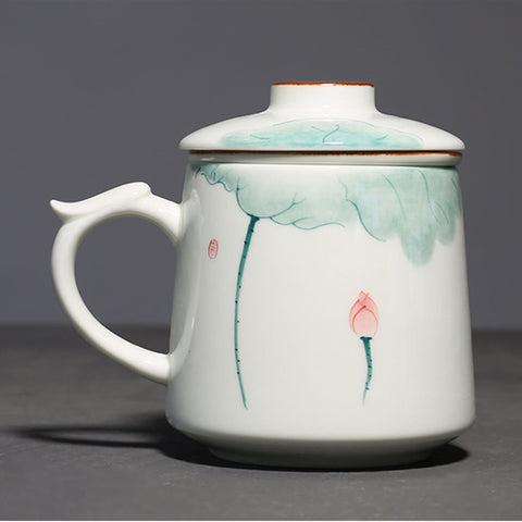 Hand Painted Large Size Ceramic Tea Mugs with Lid and Tea Strainer in Lotus Graphic - theTeaCloud