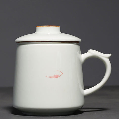 Hand Painted Large Size Ceramic Tea Mugs with Lid and Tea Strainer in Lotus Graphic - theTeaCloud