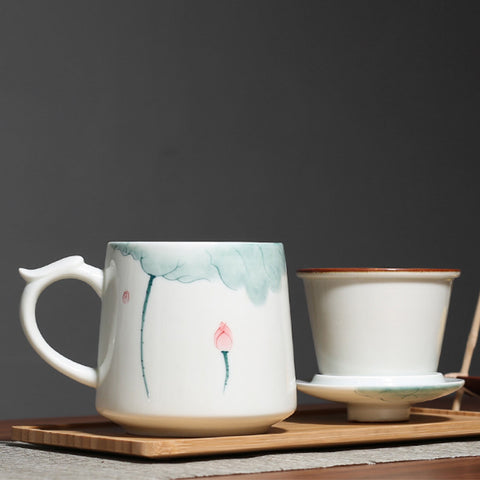 Hand Painted Large Size Ceramic Tea Mugs with Lid and Tea Strainer in Lotus Graphic - theTeaCloud