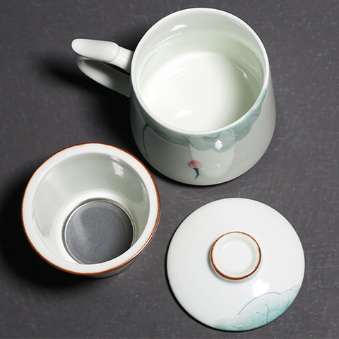 Hand Painted Large Size Ceramic Tea Mugs with Lid and Tea Strainer in Lotus Graphic - theTeaCloud