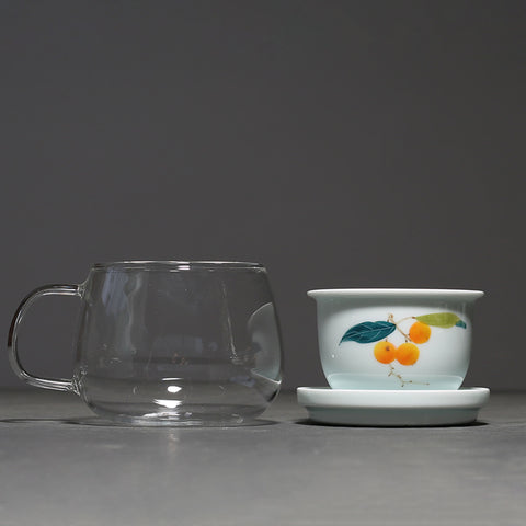 Hand Painted Personal Tea Cup with Lid and Tea Strainer in Lotus Graphic, Portable Teacup, 290ml capactity - theTeaCloud