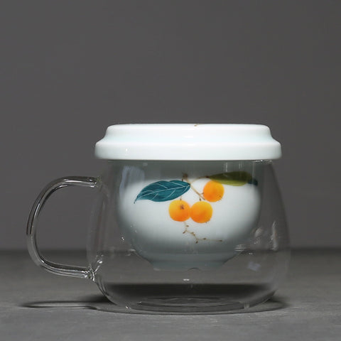 Hand Painted Personal Tea Cup with Lid and Tea Strainer in Lotus Graphic, Portable Teacup, 290ml capactity - theTeaCloud