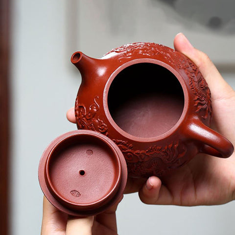 Handmade Yixing Zisha Clay Teapot, Carved Two Dragons Style - theTeaCloud
