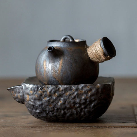 Handmade Iron-rust Glaze Ceramic Kyusu Teapot with Tea Tray, Japanese Tea Ceremony