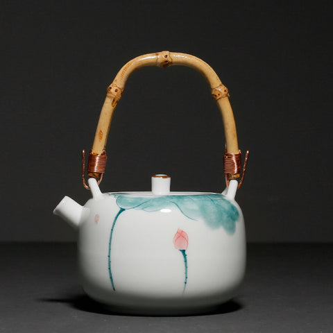 Hand Painted Teapot with Bamboo Handle in Lotus Graphic, Teaset - theTeaCloud