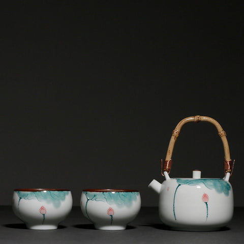 Hand Painted Teapot with Bamboo Handle in Lotus Graphic, Teaset - theTeaCloud