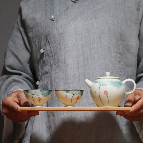 Hand Painted Mini Lotus Graphic Porcelain Tea Set, 1 Teapot with 2 Teacups, Gift Package