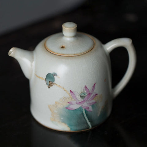 Hand Painted Lotus and Bird Chinese Teapot and Teacup