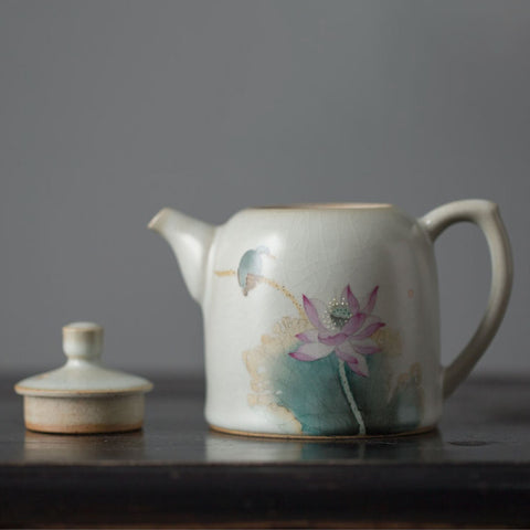 Hand Painted Lotus and Bird Chinese Teapot and Teacup