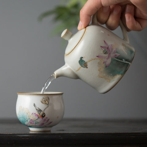 Hand Painted Lotus and Bird Chinese Teapot and Teacup - theTeaCloud