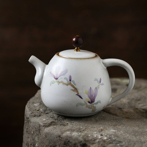 Hand Painted Purple Magnolia Ceramic Teapot, Oriental Hand-painted Porcelain Teapot