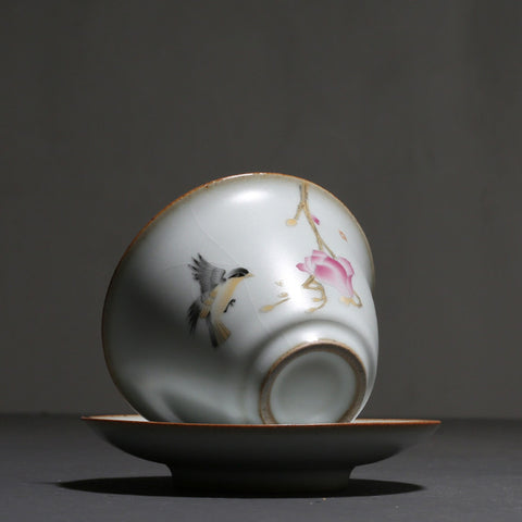 Hand Painted Ceramic Gaiwan Tea Set, “Magpie and Magnolia”