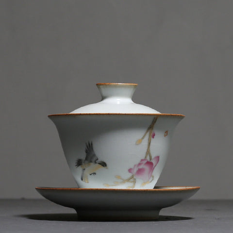 Hand Painted Ceramic Gaiwan Tea Set, “Magpie and Magnolia”