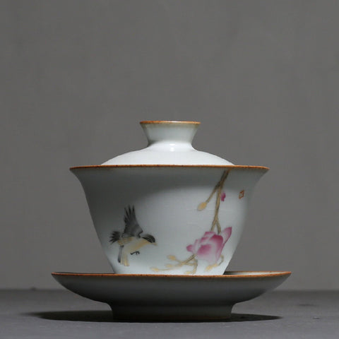 Hand Painted Ceramic Gaiwan Tea Set, “Magpie and Magnolia” - theTeaCloud
