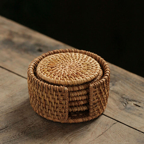 Handmade Woven Rattan Coaster, Set of 6 with holder - theTeaCloud