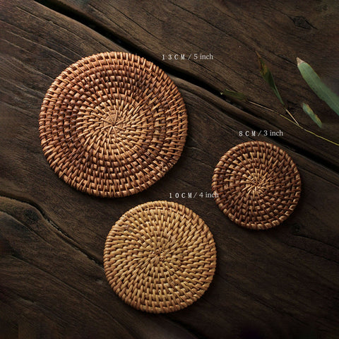 Handmade Woven Rattan Coaster, Set of 6 with holder