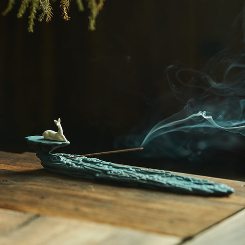 Hand Crafted Green Cloud with White Deer Ceramic Incense Holder - theTeaCloud