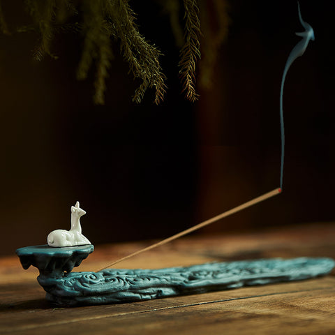 Hand Crafted Green Cloud with White Deer Ceramic Incense Holder - theTeaCloud