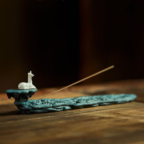 Hand Crafted Green Cloud with White Deer Ceramic Incense Holder - theTeaCloud