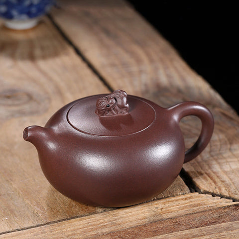 Handmade Yixing Zisha Teapot, Traditional Chinese Purple Clay Teapot with Auspicious Animal on Top, 8.5oz Capacity